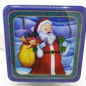 Collectible Square Christmas Blue Multi Color Santa Tin - Cookies Holiday